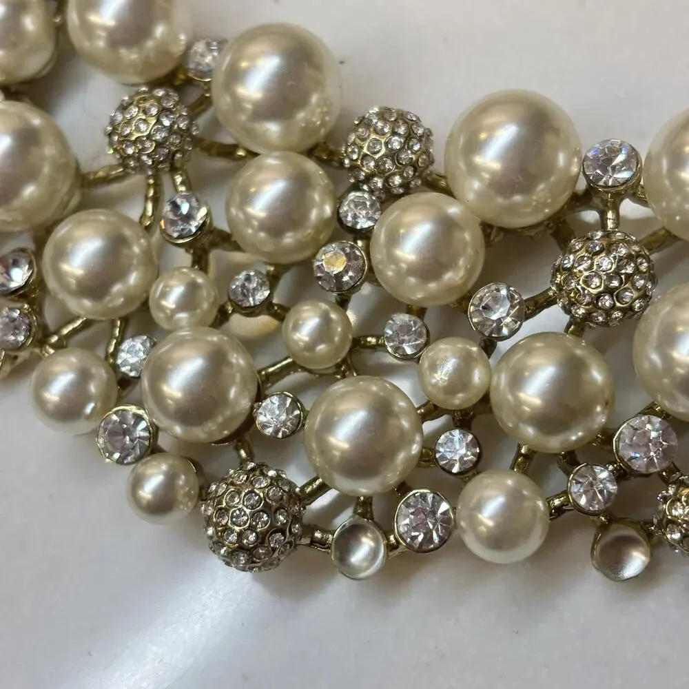 Faux Pearl Rhinestone Statement Bib Necklace Gold Sparkly Old Hollywood 18